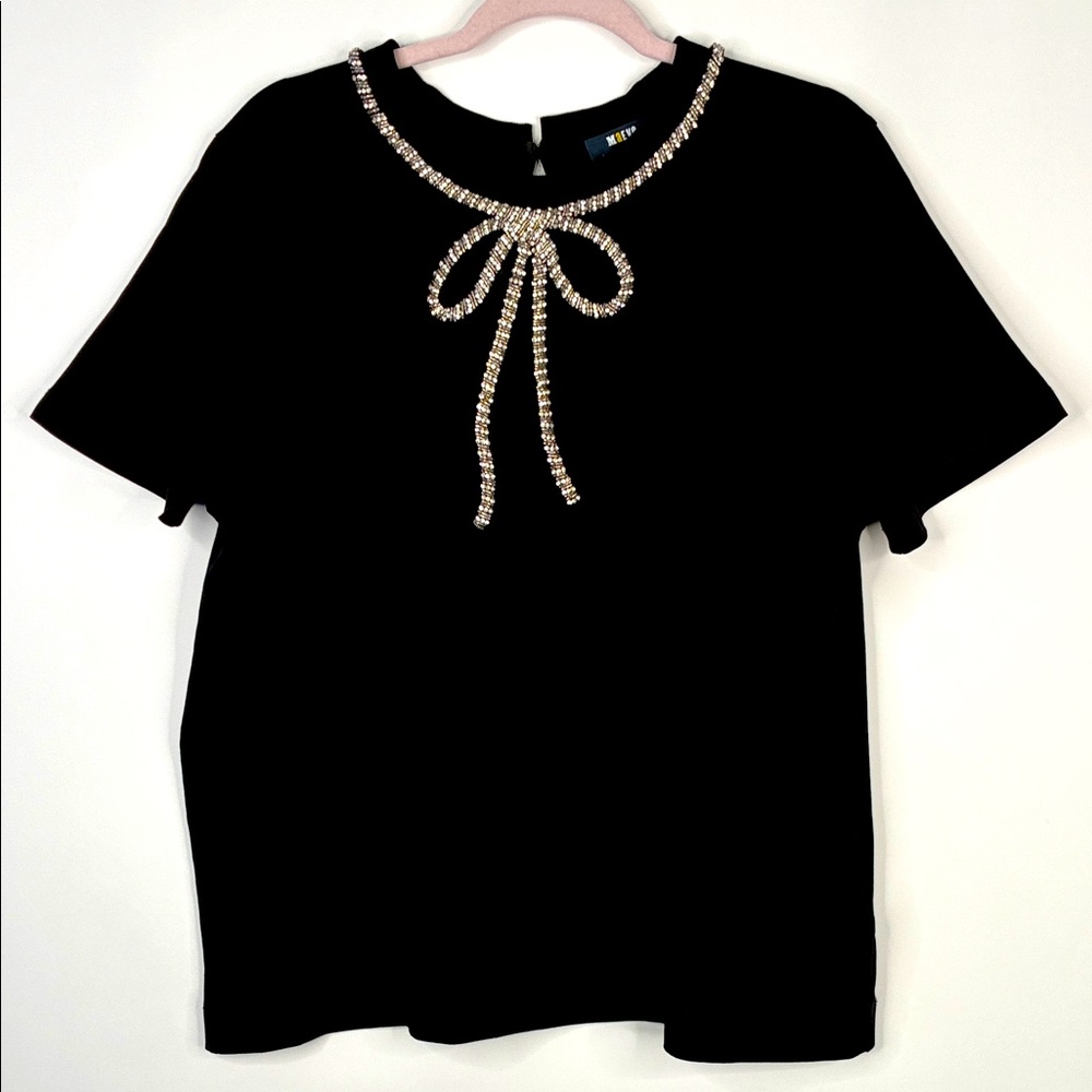 Anthropologie Mave Rhinestone Tee Black with Rhinestone Bow Detail Size L #0043